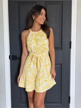 Banana Republic Yellow Floral Tiered Cotton Poplin Halter Mini Dress Size M